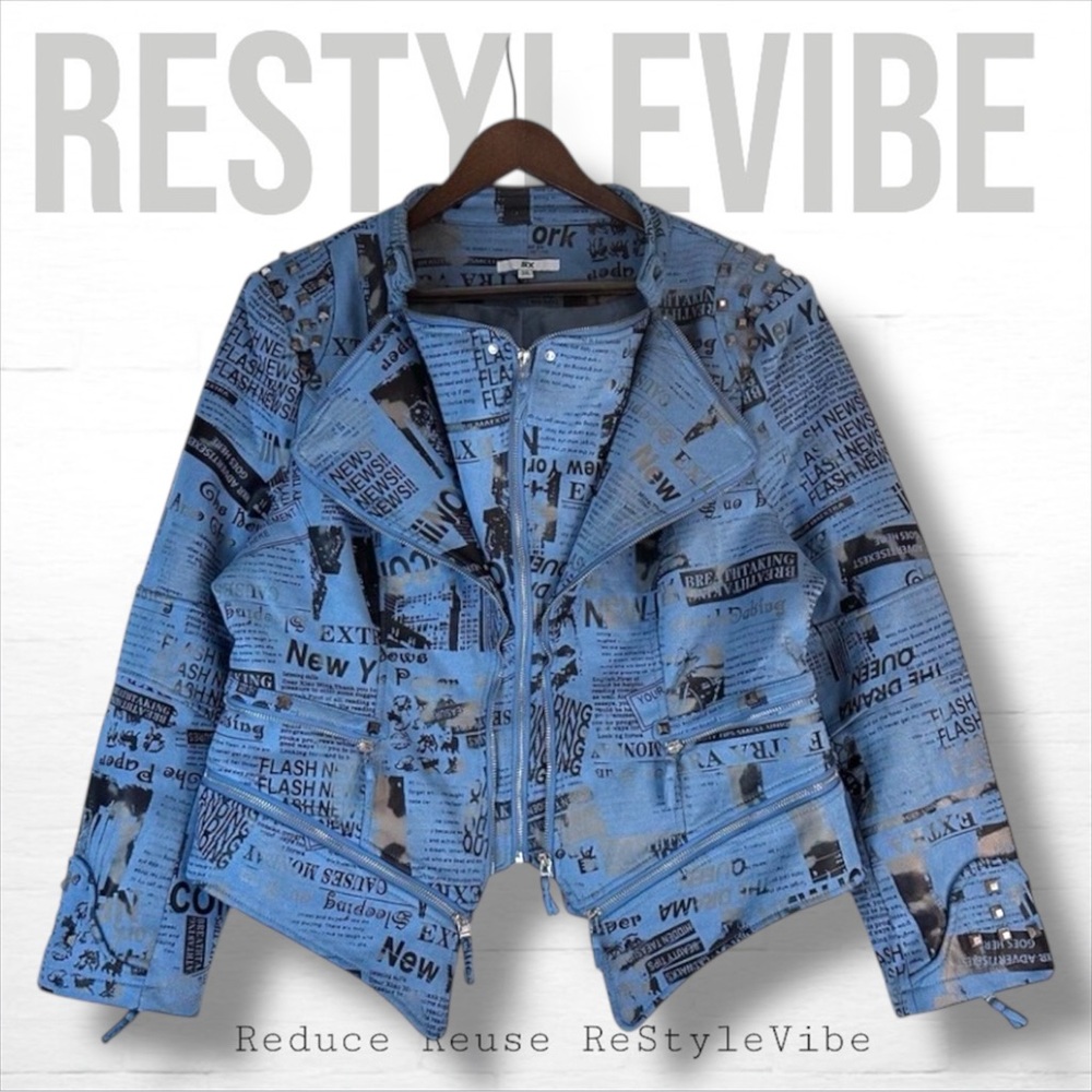 SX Women’s Size 3XL Jacket Coat Moto Style New Newspaper Print Pattern Zippers
